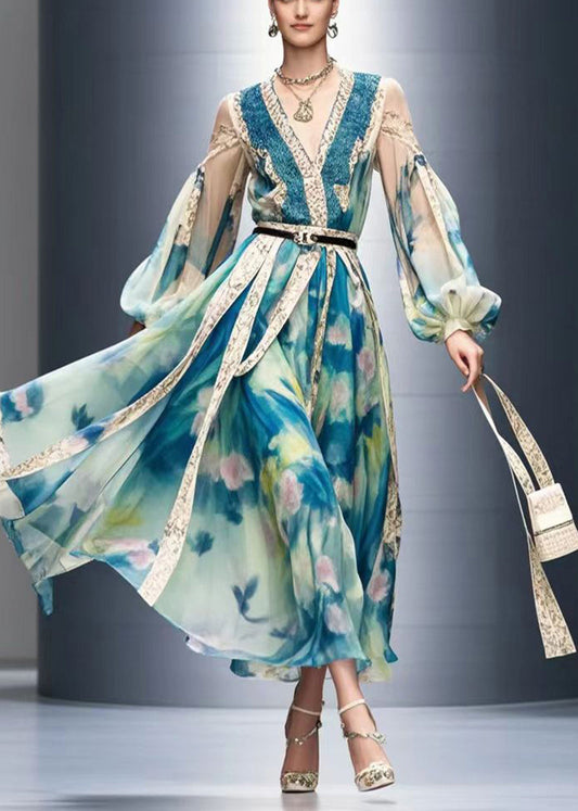 French Blue Cold Shoulder Print Chiffon Full Dresses Fall