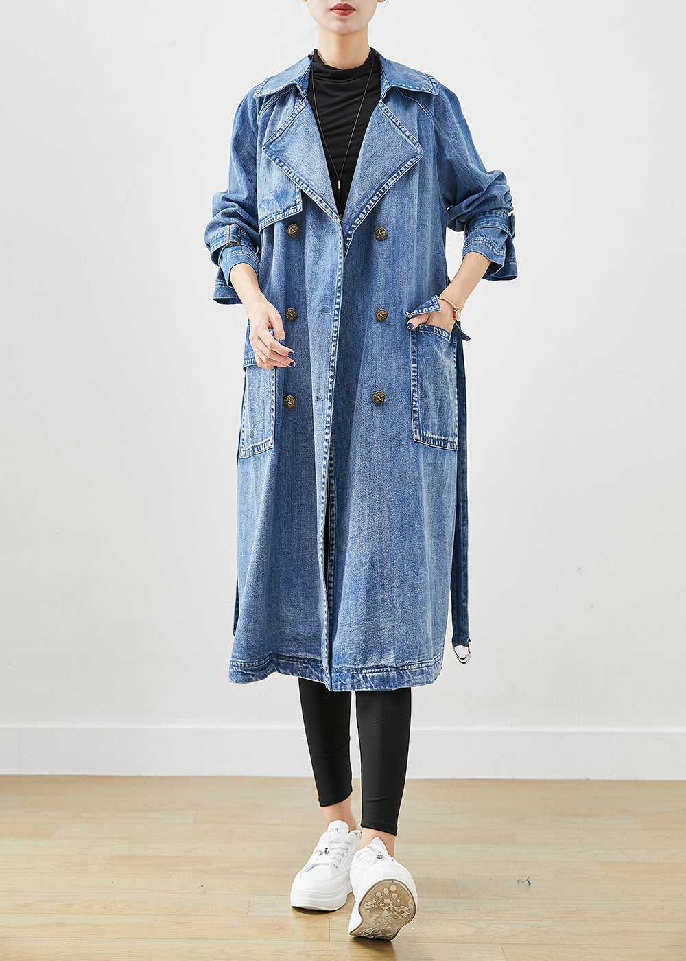 French Blue Double Breast Tie Waist Denim Trench Fall