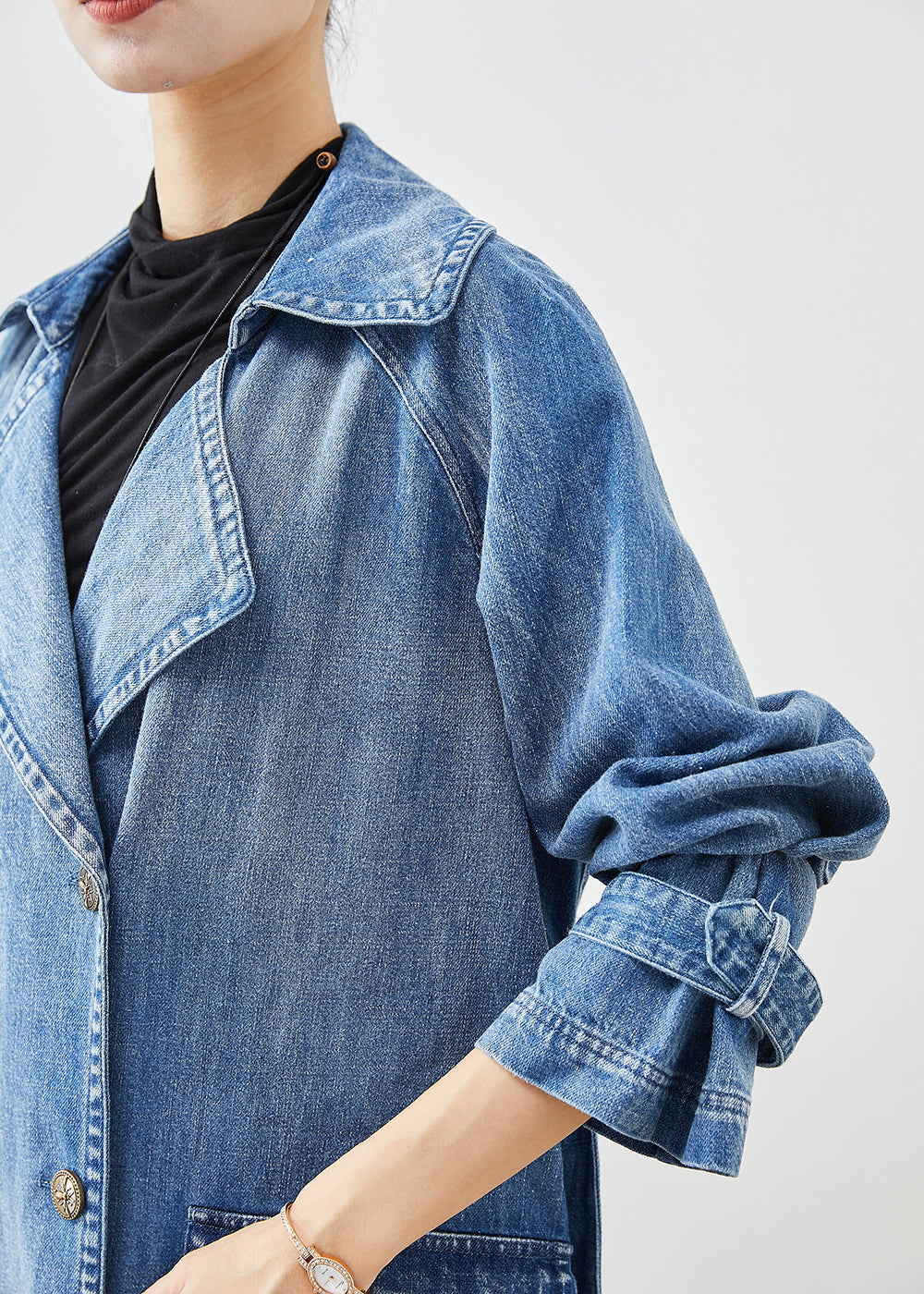 French Blue Double Breast Tie Waist Denim Trench Fall