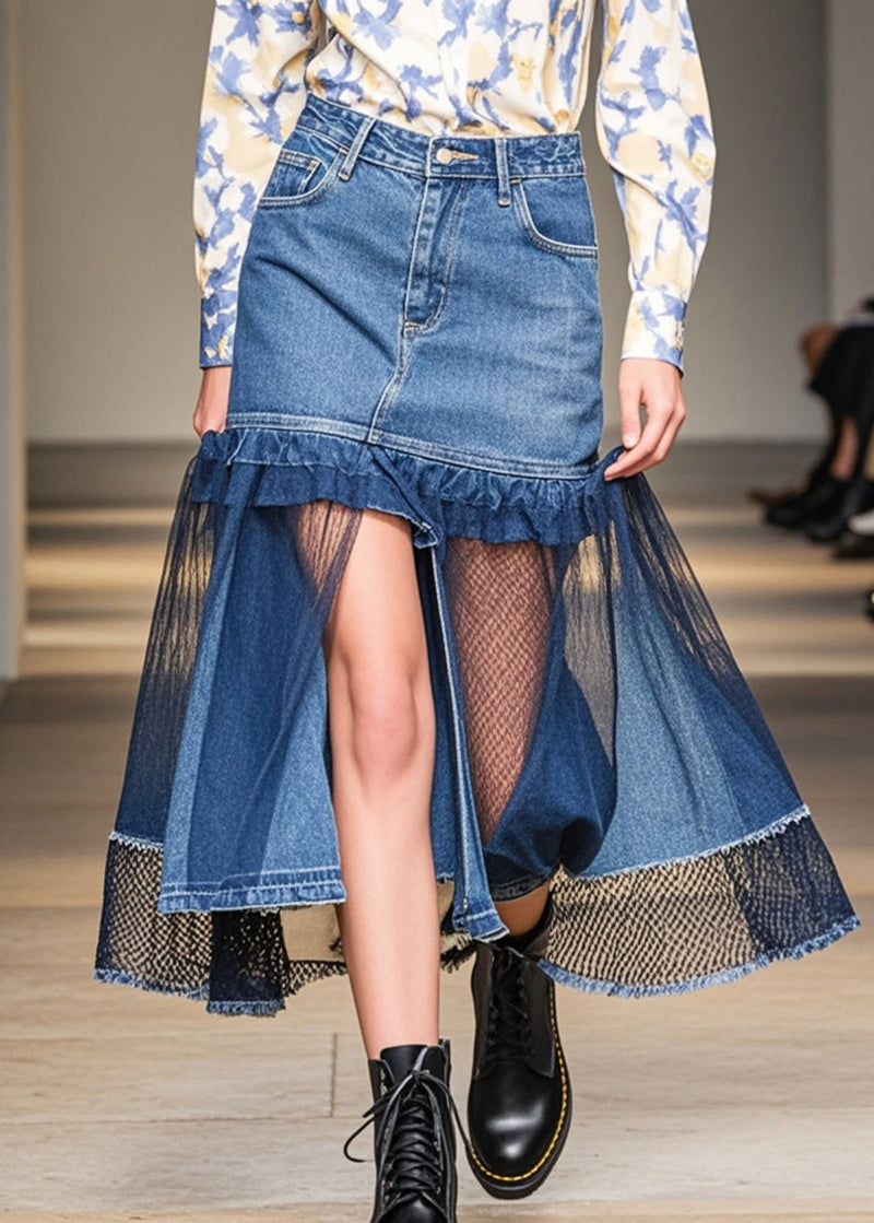 French Blue Hollow Out Patchwork Denim Skirt Summer