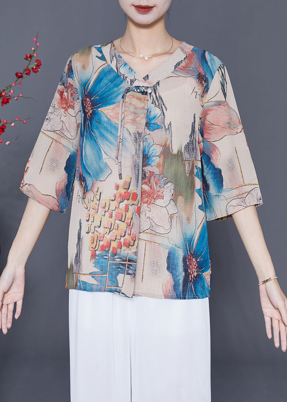 French Blue Oversized Print Chiffon Blouses Summer