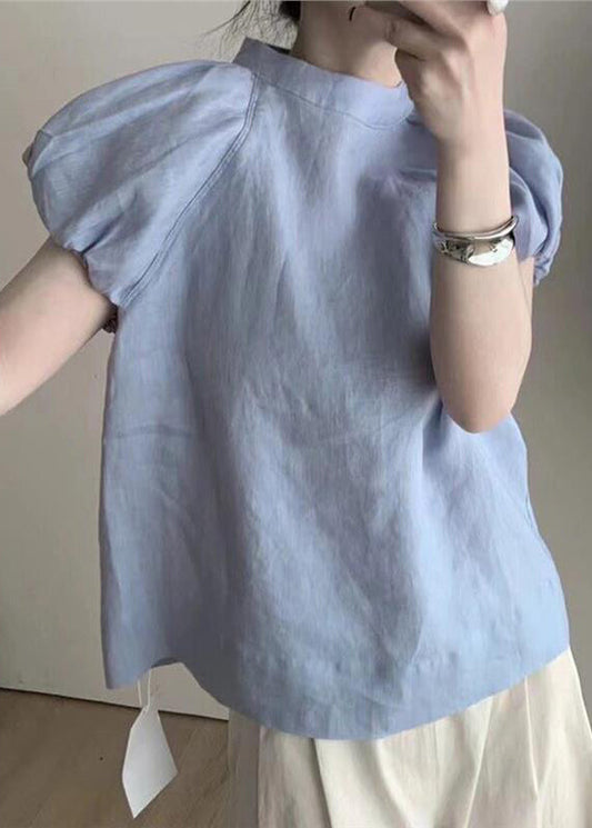 French Blue Puff Sleeve Cotton T Shirt Top