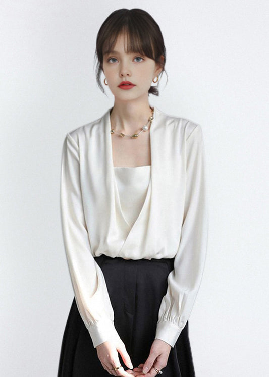 French Boutique White Satin Shirt Tops Fall