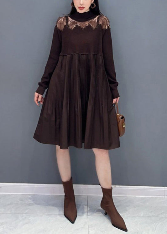 French Brown Hollow Out Wrinkled Knit Dresses Long Sleeve