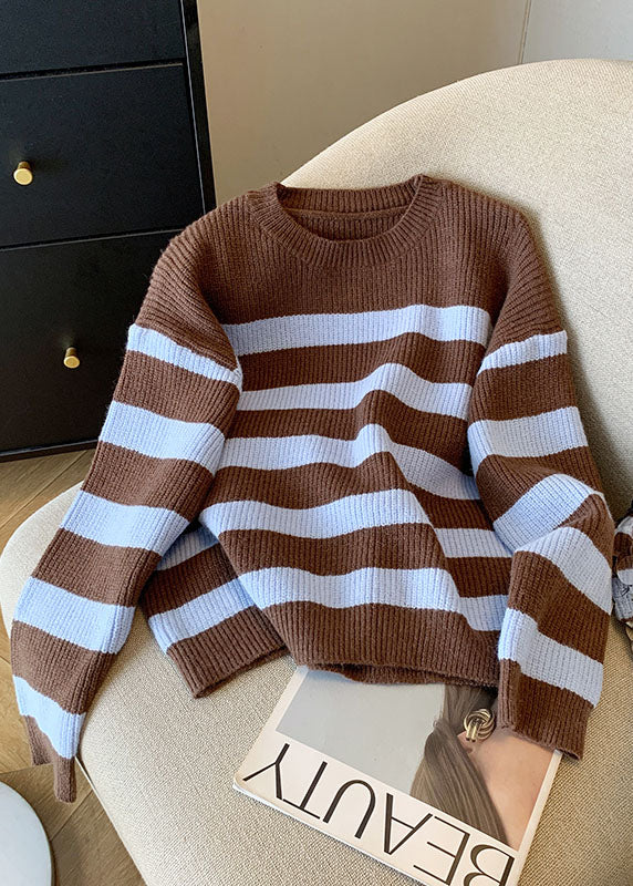 French Coffee O Neck Striped Knit Short Sweater Fall