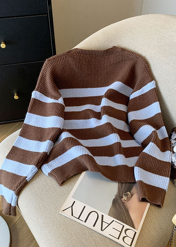 French Coffee O Neck Striped Knit Short Sweater Fall