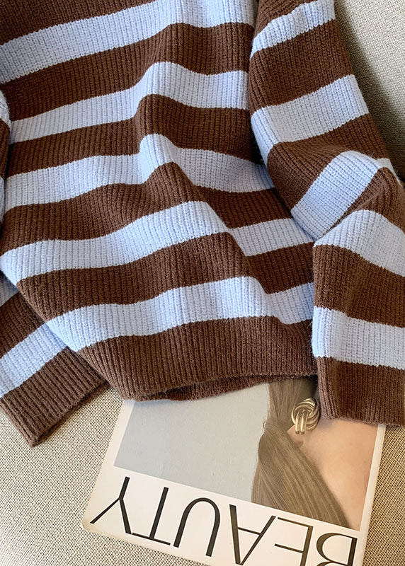 French Coffee O Neck Striped Knit Short Sweater Fall