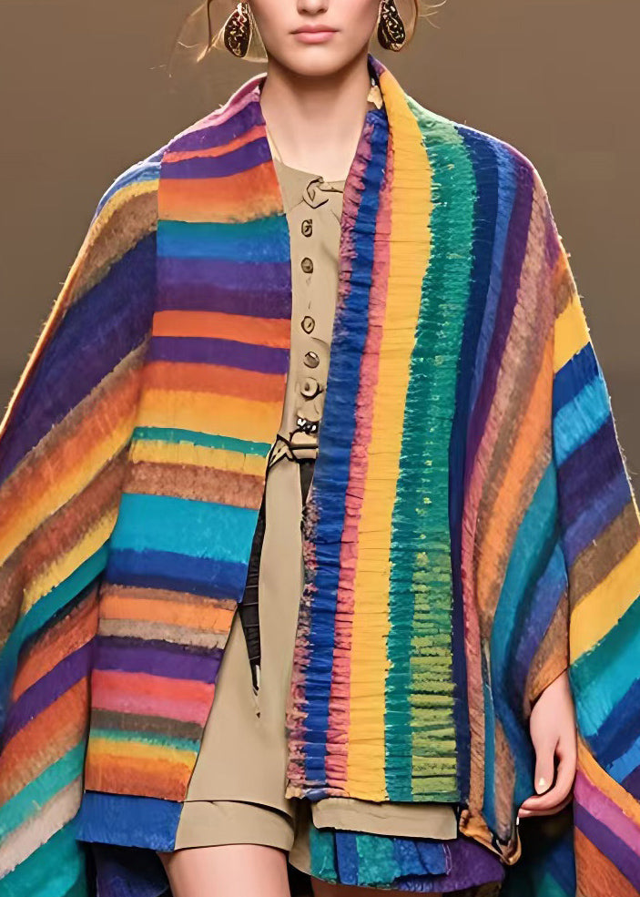 French Colorblock Striped Patchwork Woolen Coats Long Sleeve