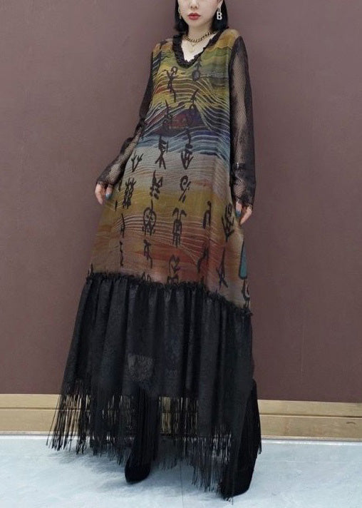 French Colorblock V Neck Print Lace Patchwork Long Dress Spring