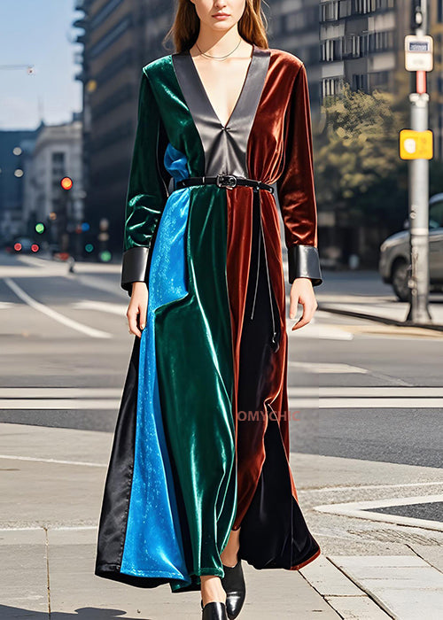 French Colorblock V Neck Sashes Velvet Long Dresses Fall