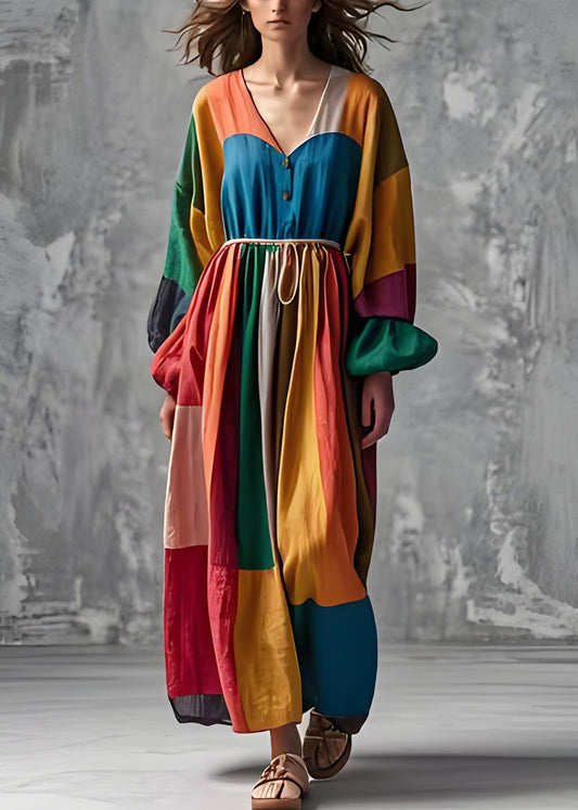 French Colorblock V Neck Wrinkled Cotton Long Dress Lantern Sleeve