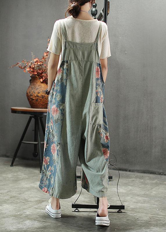 French Dark color Print Patchwork Pockets denim Outfits Rompers - SooLinen