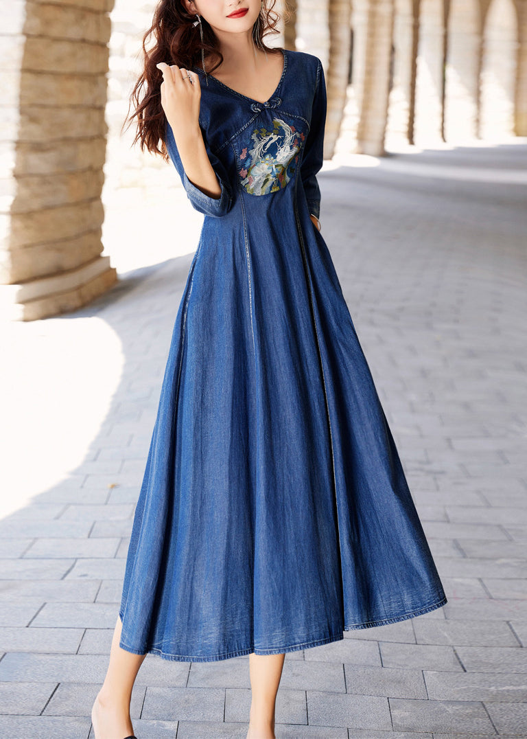 French Denim Blue V Neck Patchwork Pockets Maxi Dresses Spring