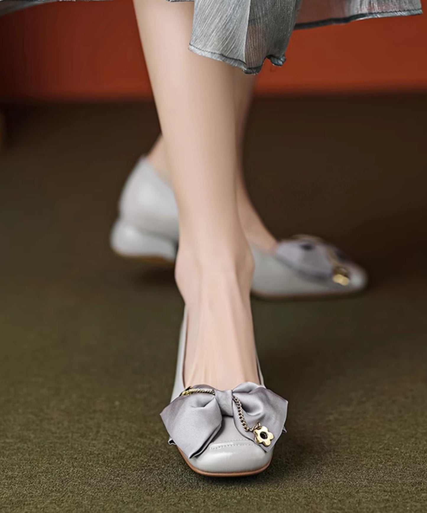 French Fashion Grey Bow Splicing Penny Loafers