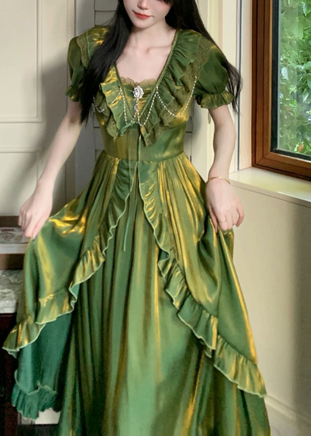 French Gilding Green Ruffled Patchwork Silk Dresses Summer