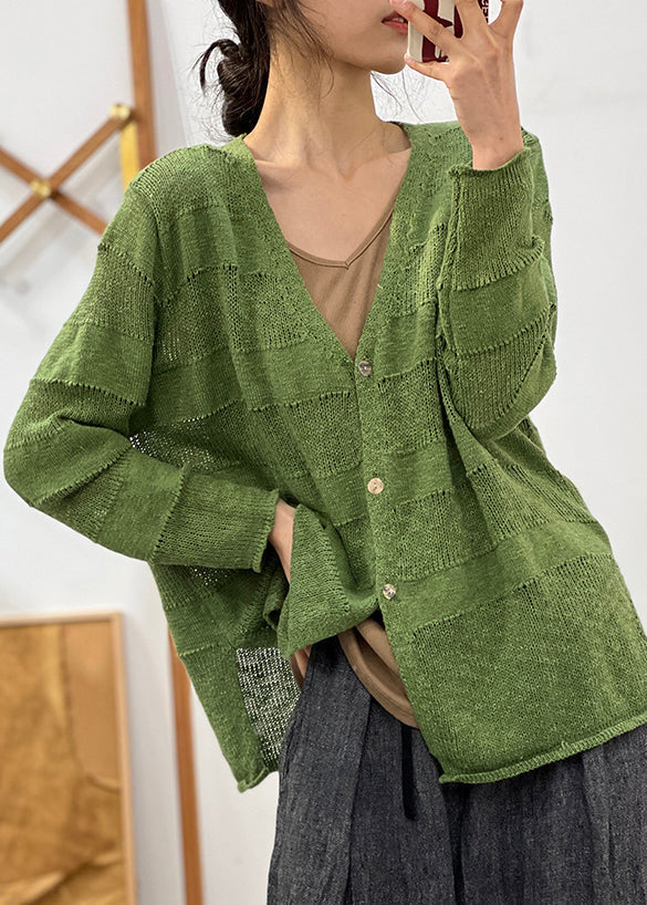 French Green Button Side Open Cotton Knit Coats Long Sleeve