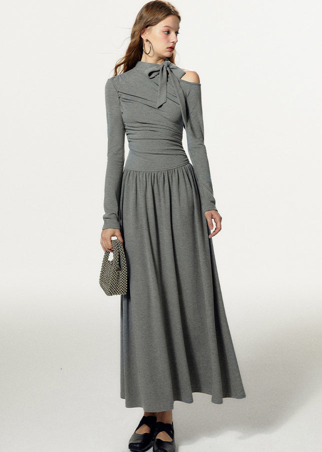 French Grey Cold Shoulder Bow Cotton Long Dress Fall