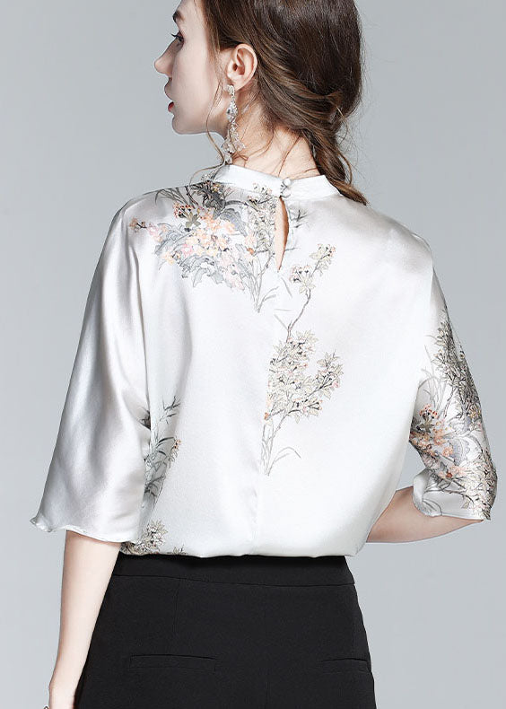 White text Elegant Silk Stand Collar Oriental Satin Shirt Top Half Sleeve Blouse