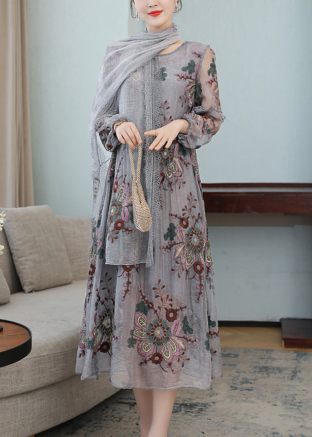 French Grey V Neck Embroidered Wrinkled Tulle Party Maxi Dress Fall