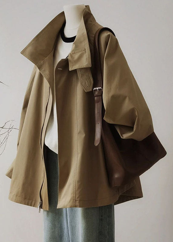 French Khaki Peter Pan Collar Zippered Patchwork Trench Coats Long Sleeve