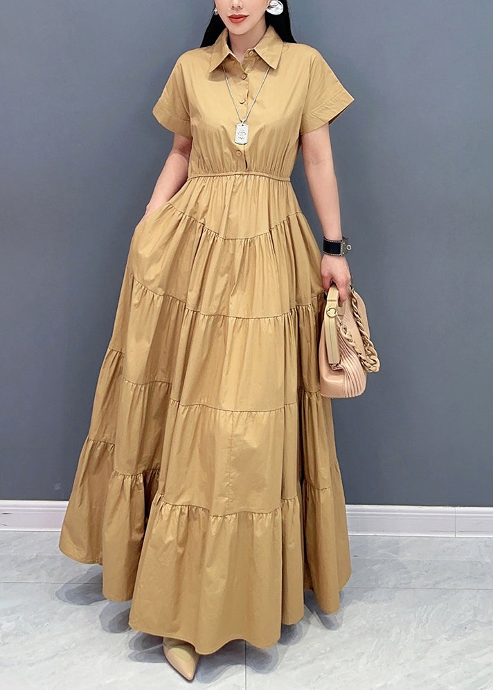 French Khaki Wrinkled Pockets Cotton Long Dresses Summer