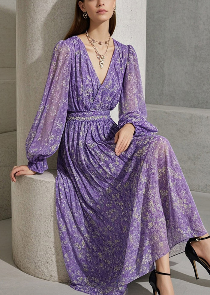 French Lavender Cinched Print Chiffon Robe Dresses Fall