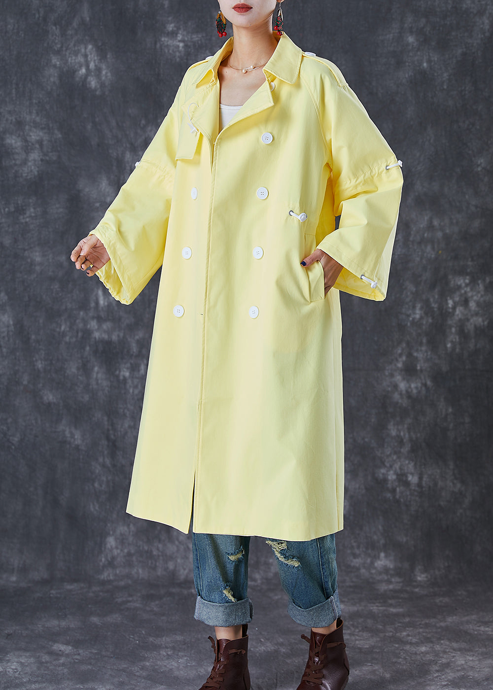 French Light Yellow Drawstring Double Breast Cotton Trench Fall