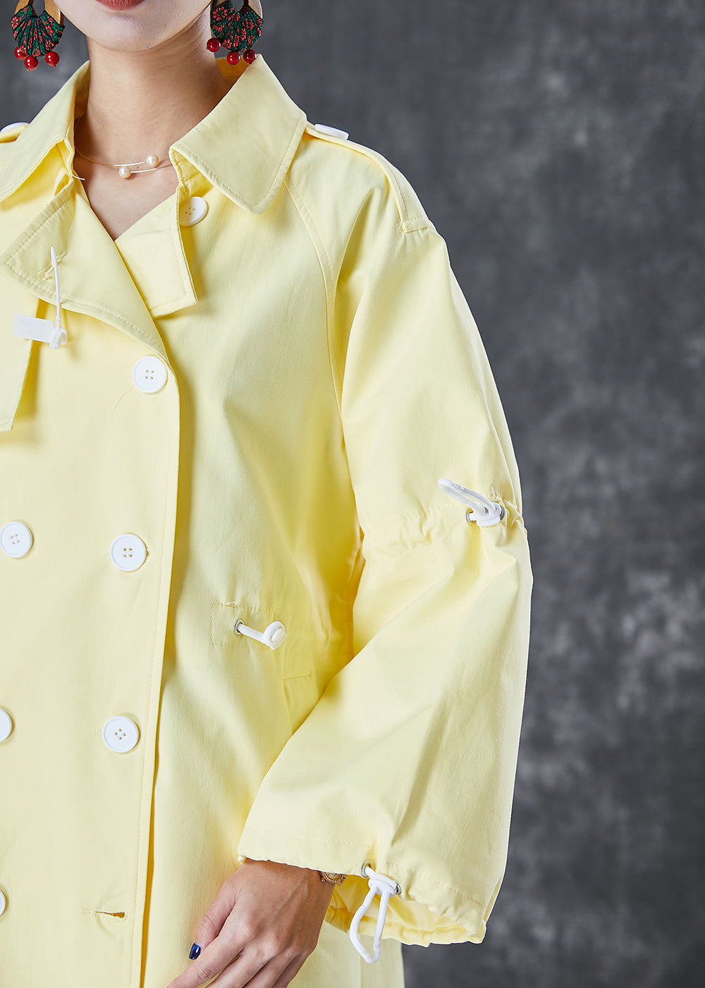 French Light Yellow Drawstring Double Breast Cotton Trench Fall