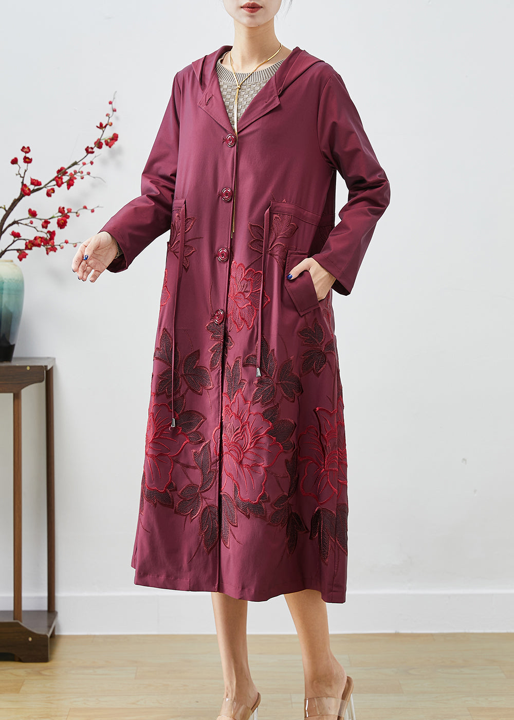 French Mulberry Embroidered Drawstring Spandex Coats Fall