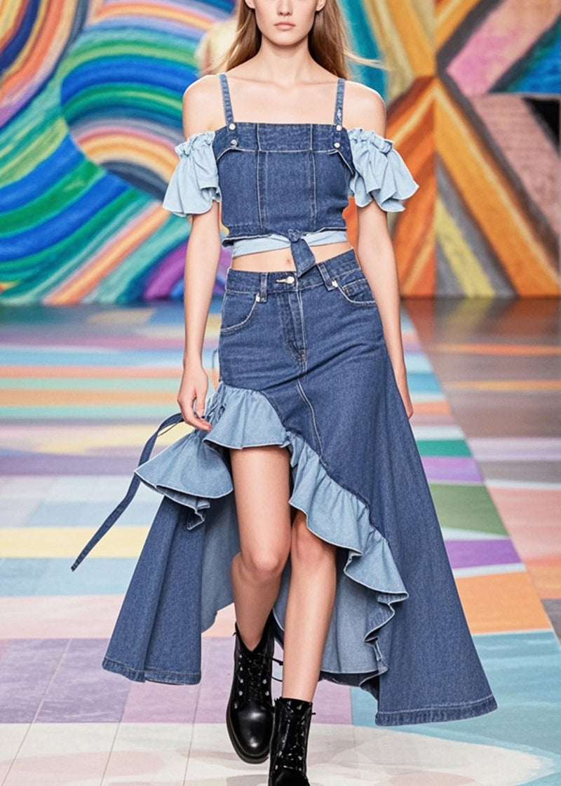 French Navy Asymmetrical Patchwork Ruffles Denim Skirts Fall