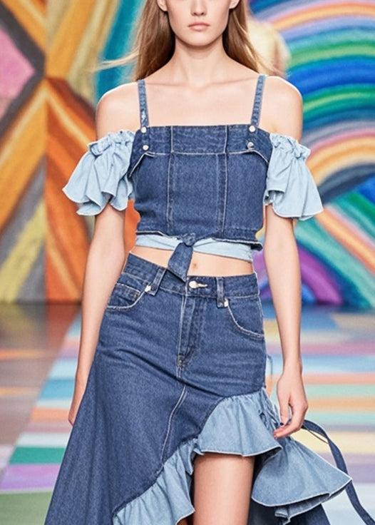 French Navy Asymmetrical Patchwork Ruffles Denim Skirts Fall