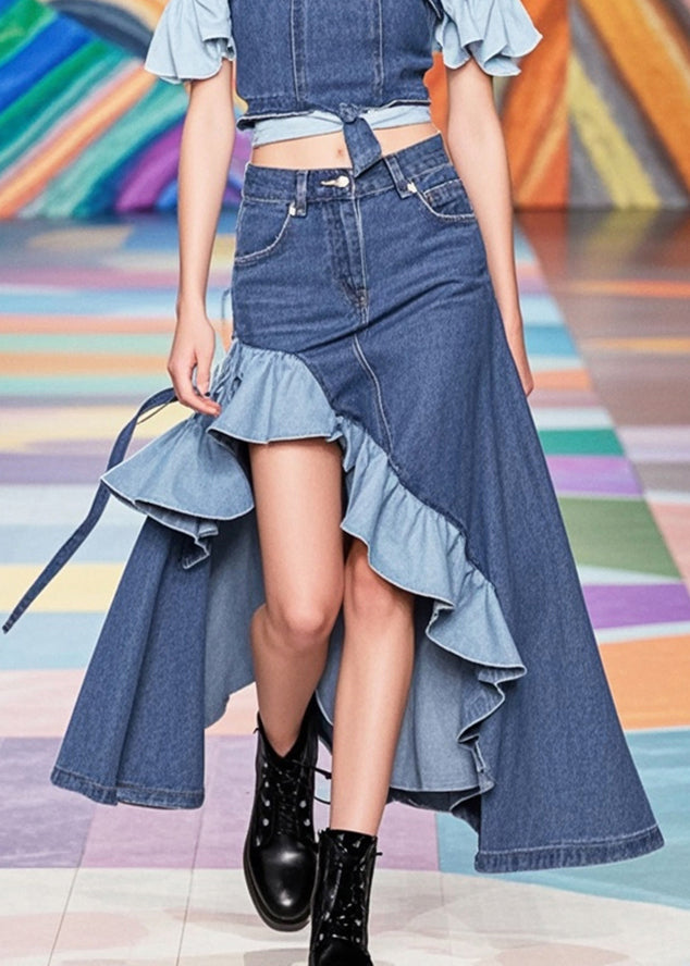 French Navy Asymmetrical Patchwork Ruffles Denim Skirts Fall