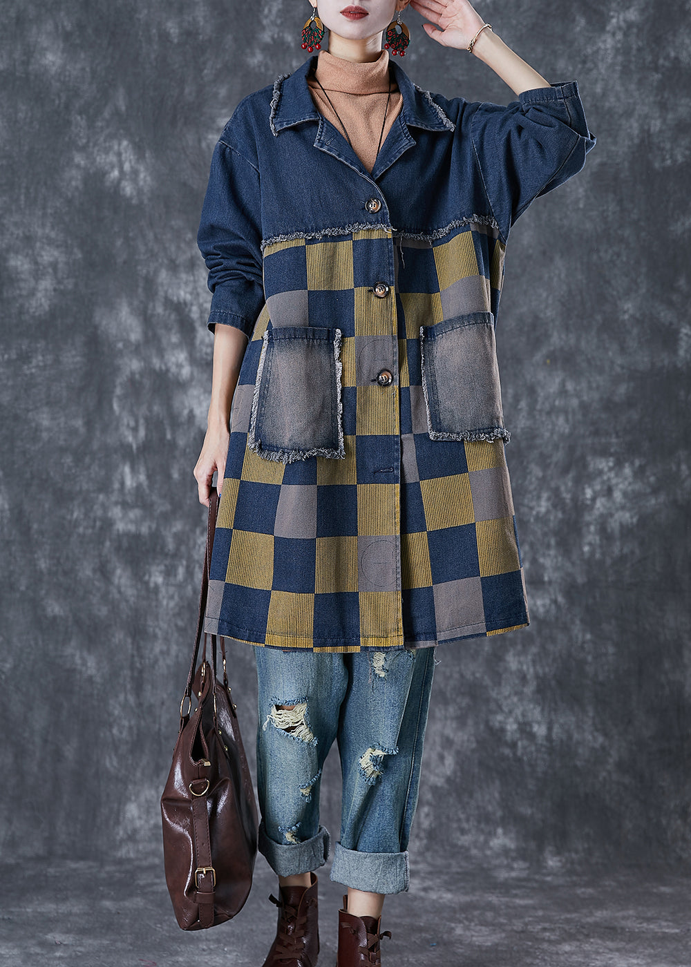 French Navy Oversized Patchwork Plaid Denim Coats Fall