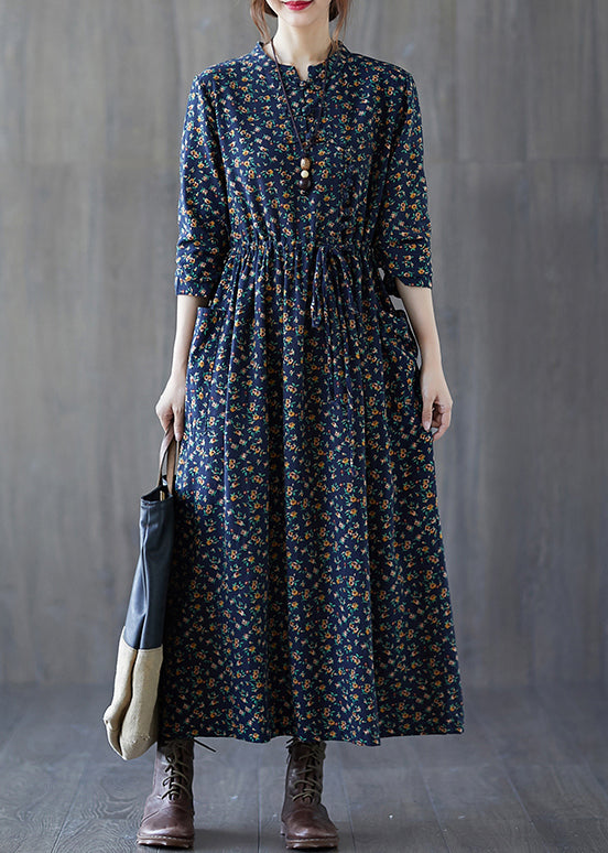 French Navy Print Lace Up Patchwork Cotton Long Dress Fall