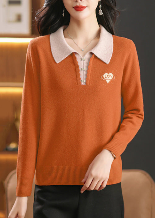 French Orange Peter Pan Collar Zircon Wool Knit Sweaters Winter