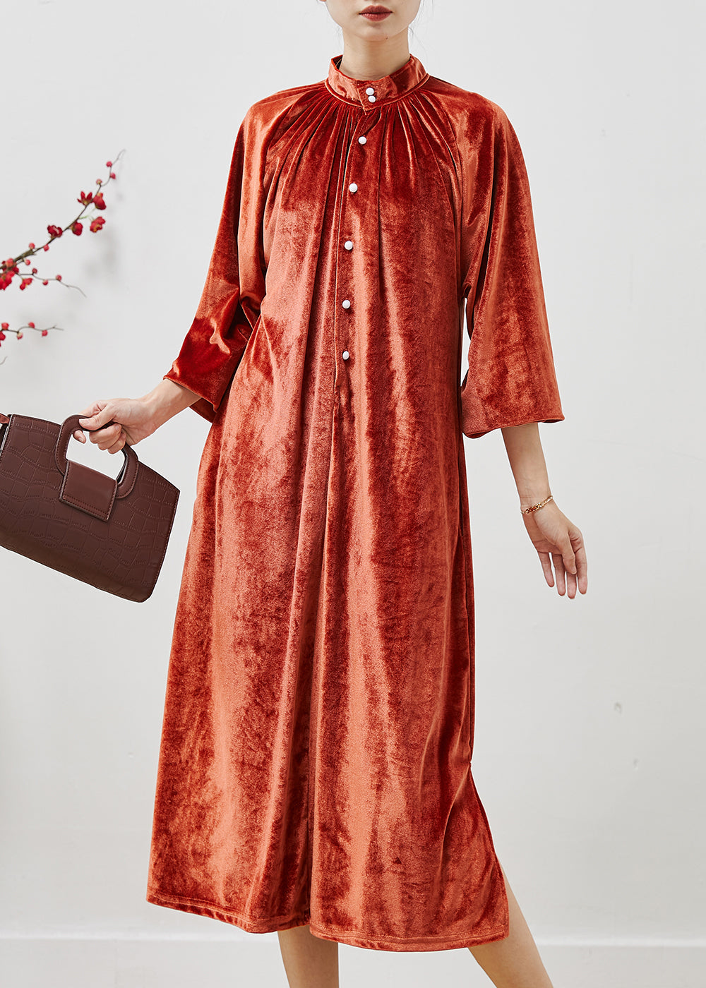 French Orange Stand Collar Silk Velvet Long Dresses Fall