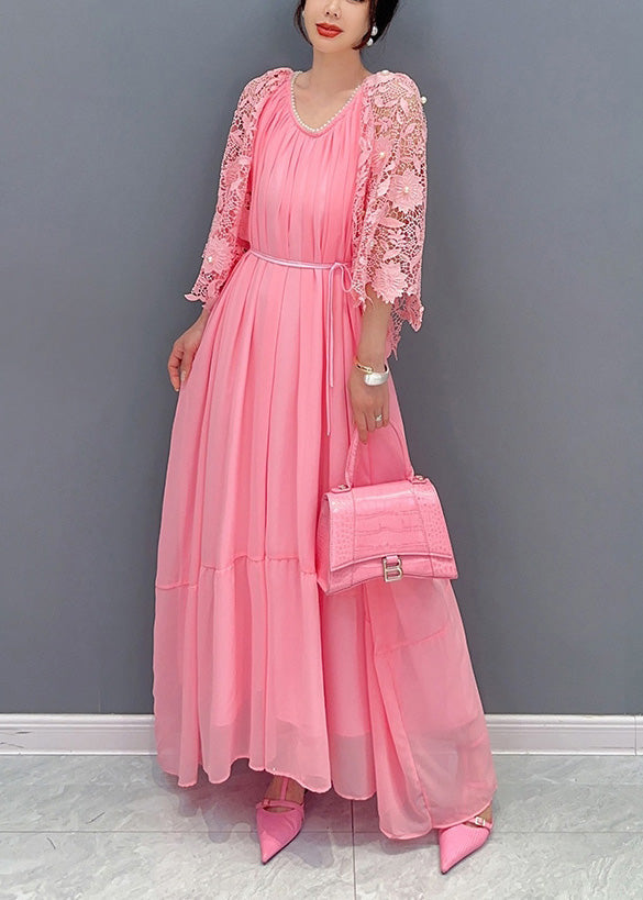 French Pink O Neck Nail Bead Lace Patchwork Chiffon Dresses Summer