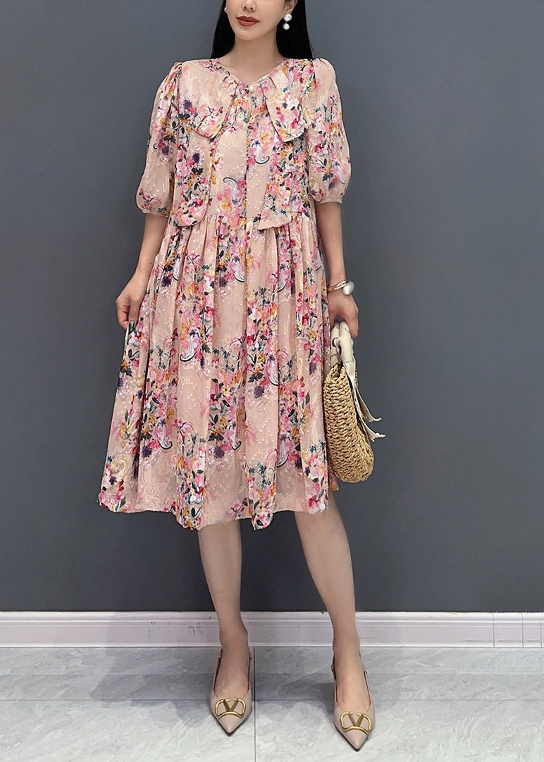 French Pink Print Fake Two Pieces Long Dress Summer