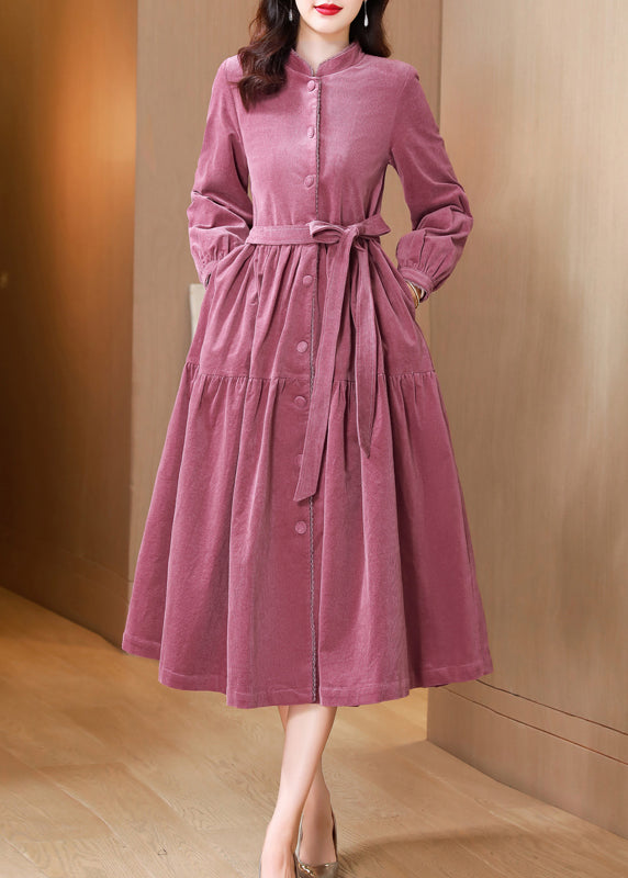 French Pink Stand Collar Tie Waist Patchwork Corduroy Dresses Fall