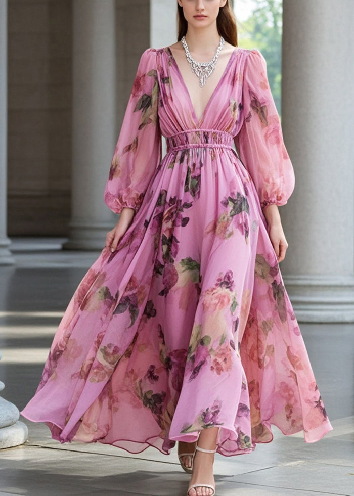 French Pink V Neck Cinched Print Chiffon Party Dresses Fall