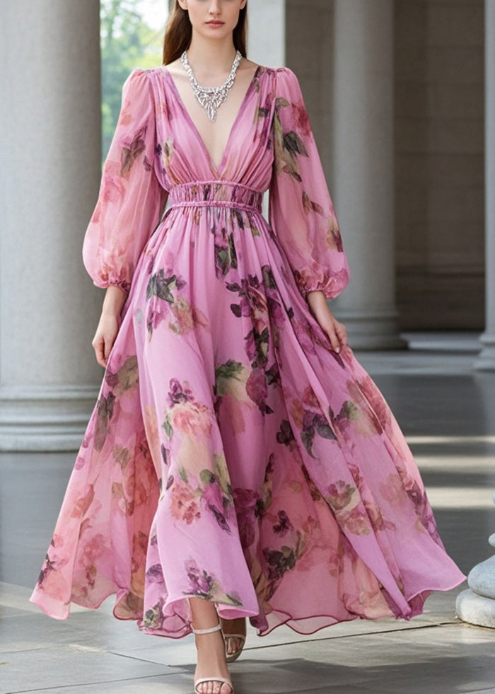 French Pink V Neck Cinched Print Chiffon Party Dresses Fall