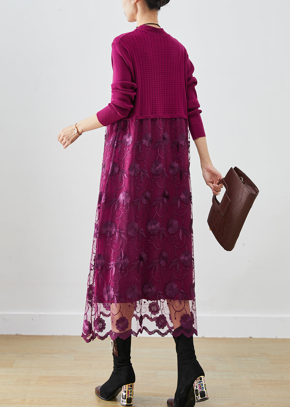 French Purple Embroidered Patchwork Knit Vacation Dresses Fall