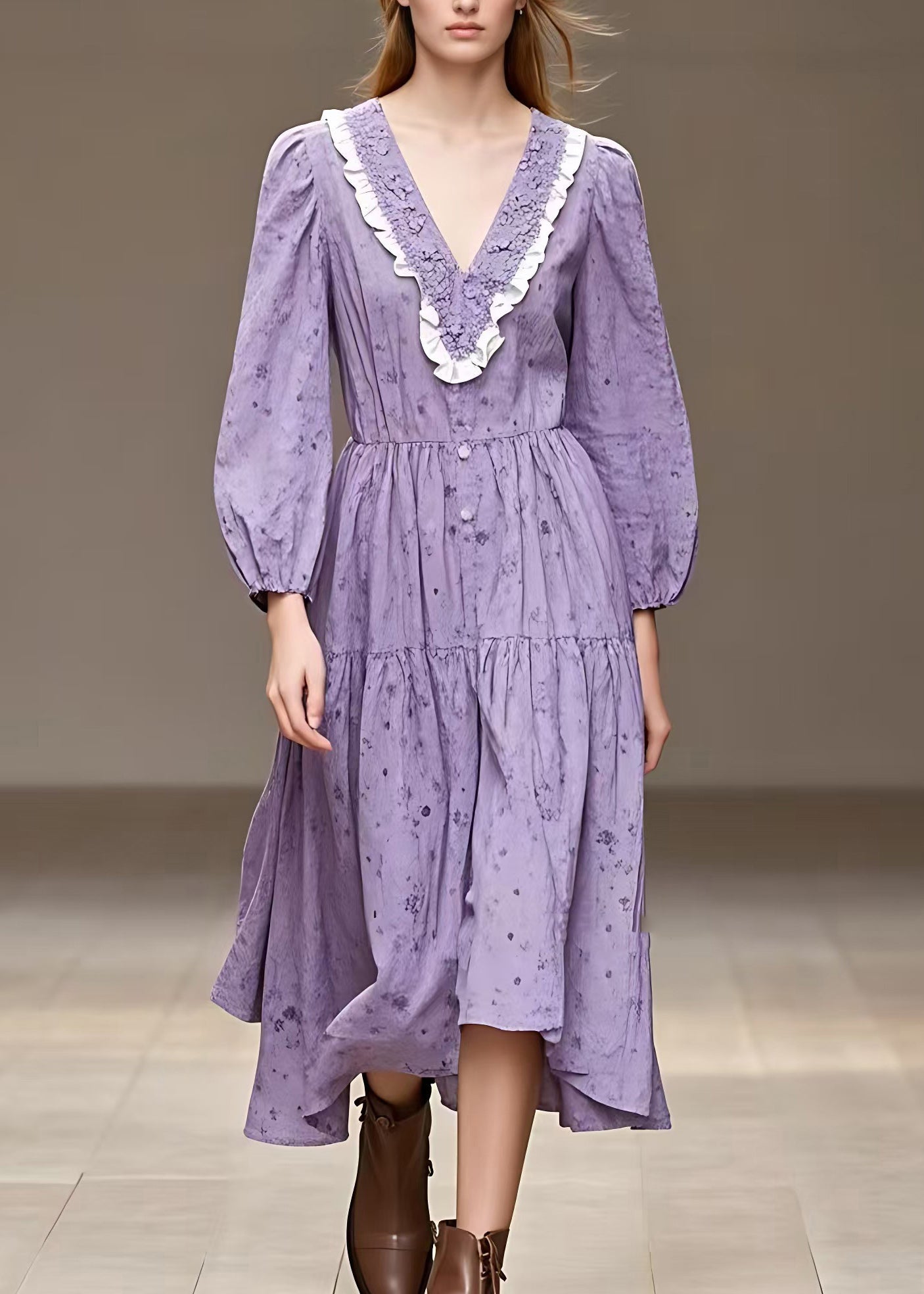 French Purple Patchwork Wrinkled Holiday Long Dress Long Sleeve