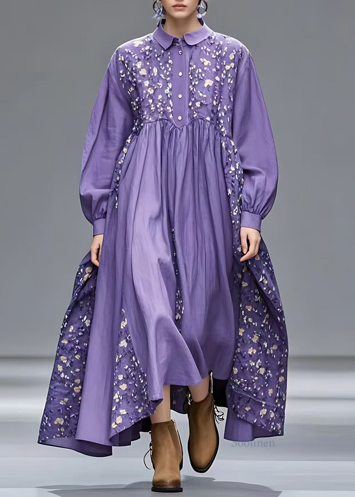 French Purple Peter Pan Collar Patchwork Long Dresses Long Sleeve