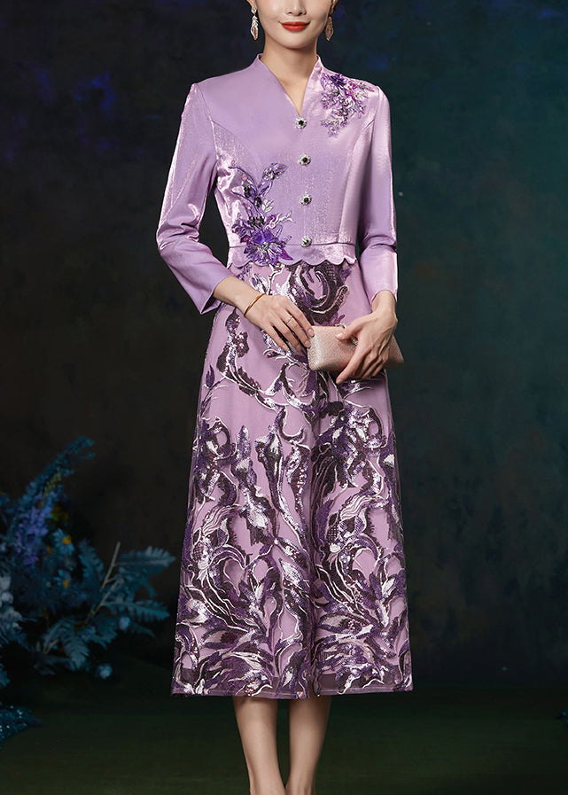 French Purple V Neck Embroidered Patchwork Silk Long Dresses Fall