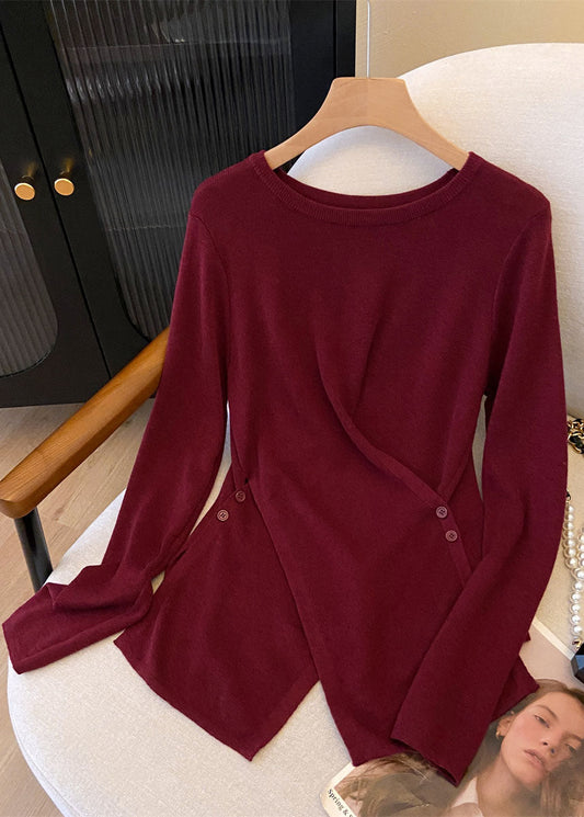 French Red O Neck Asymmetrical Design Knit Top Fall