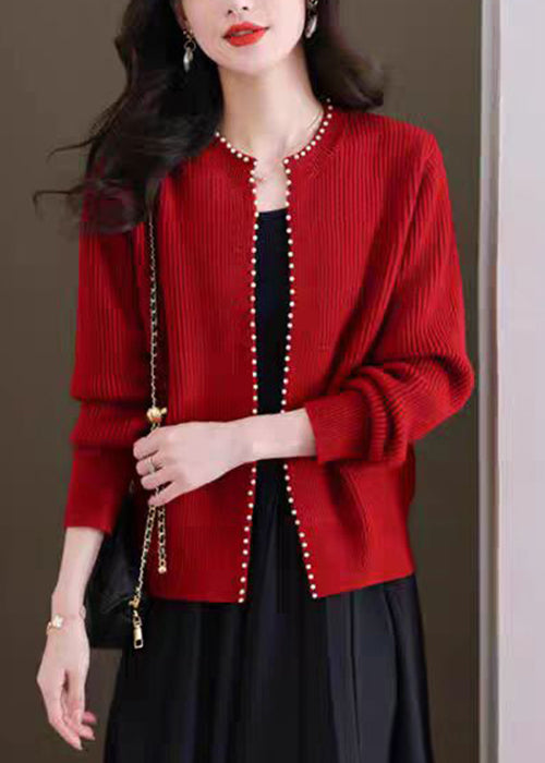 French Red O Neck Nail Bead Knit Cardigans Fall