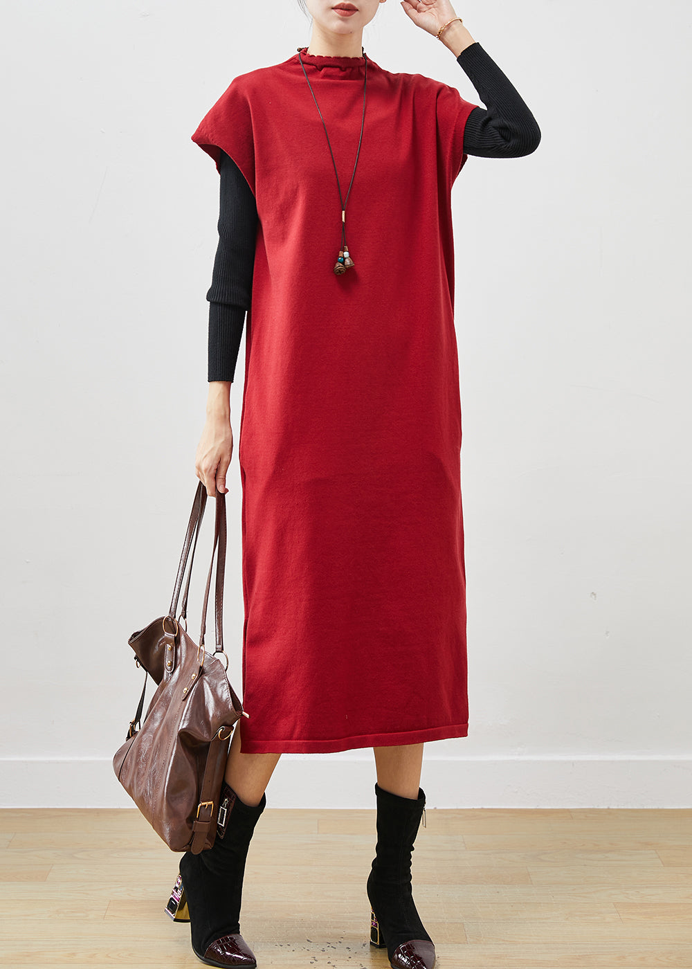 French Red Turtle Neck Oversized Cotton Long Dresses Short Sleeve