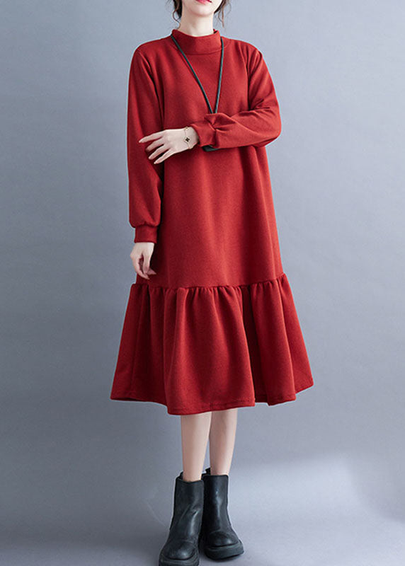 French Red Turtleneck Ruffled Patchwork Thick Maxi Dresses Fall