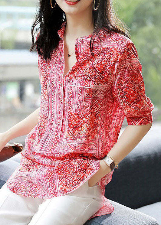 French Red V Neck Print Asymmetrical Design Patchwork Chiffon Shirts Top Summer